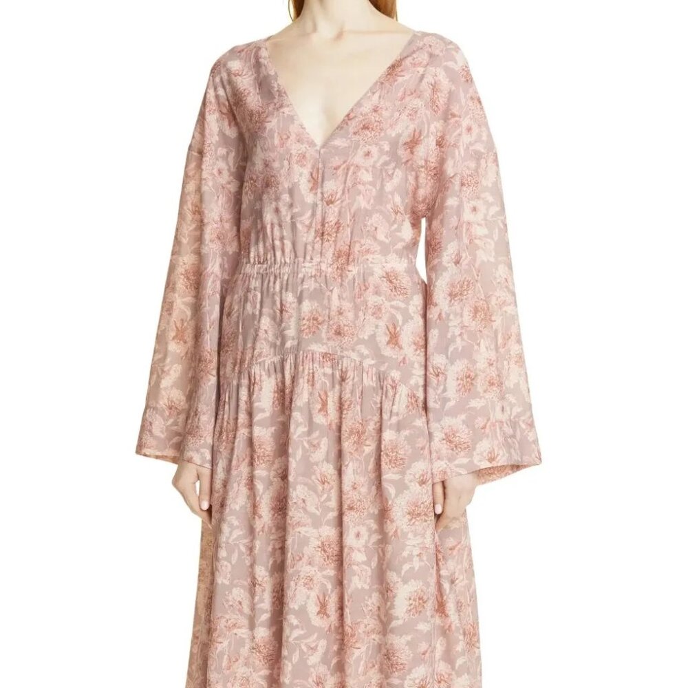 Vince Dahlia Print Soft Pink Long Sleeve Dress, size XS
